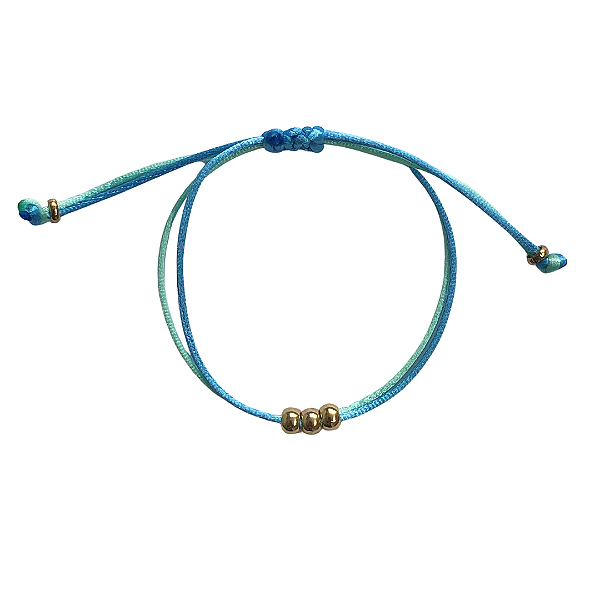 Pulseira Regulável Fio de Seda Azul Claro e Verde Menta com Bolinhas Douradas 835P