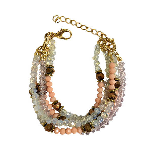 Pulseira de 5 Voltas de Cristais Rosa Fosco, White Opal, Cobre e Lilás com Hematita Dourada 837P