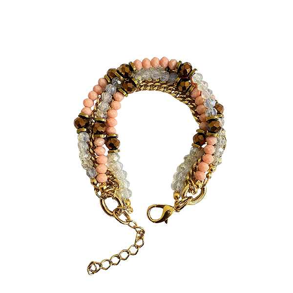 Pulseira 5 Voltas de Cristais Rosa White Opal e Correntes Douradas 837P