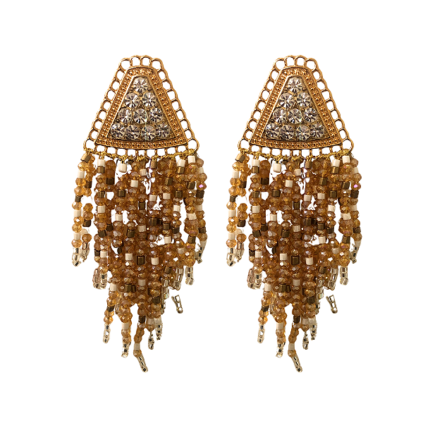 Brinco Grande Franja de Miçangas e Cristais Dourados BG2166