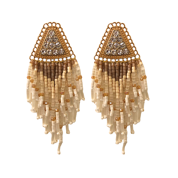 Brinco Grande Franja de Miçangas e Cristais Branco e Nude BG2167