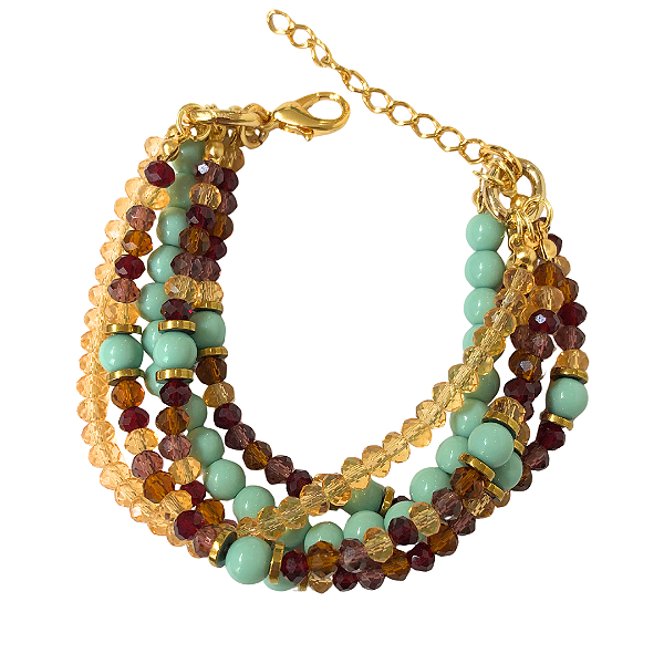 Pulseira de 5 Voltas de Cristais Tons Outonais com Turquesa e Hematita Dourada 838P