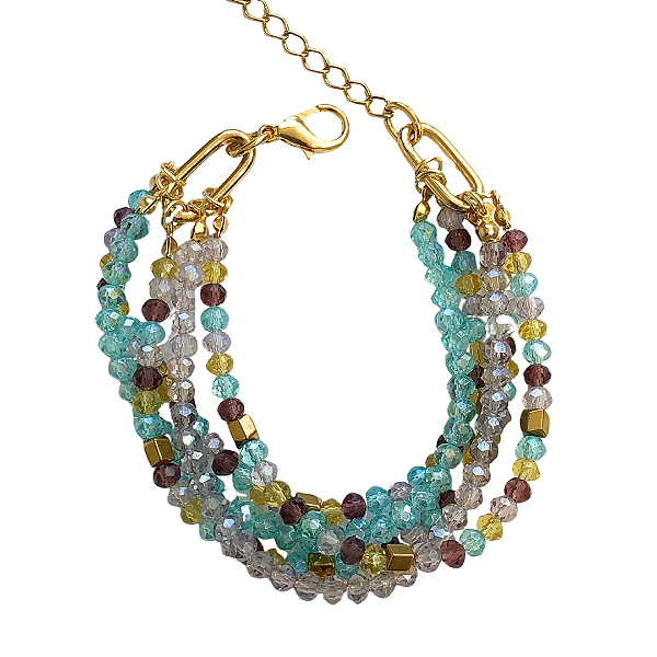 Pulseira de 5 Voltas de Cristais Azul Claro, Lilás, Amarelo, Roxo e Hematita Dourada 839P