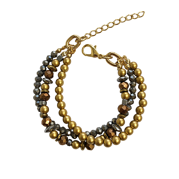 Pulseira de 3 Voltas de Cristais Hematite, Cobre e Dourado com Hematita Prata e Dourado 840P
