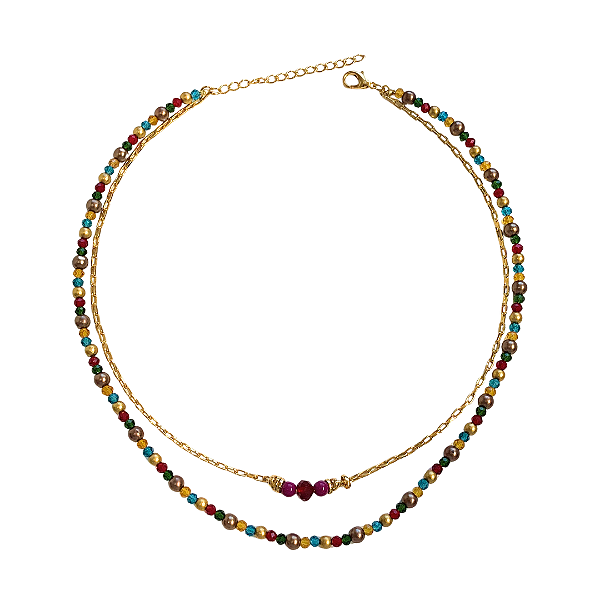 Colar Duplo de Cristais Coloridos e Corrente Dourada CL821