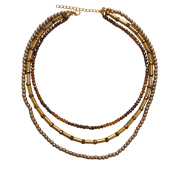 Colar Triplo com Cristais Caramelo, Cobre e Marrom, Canutilhos Dourados e Pérolas CL827