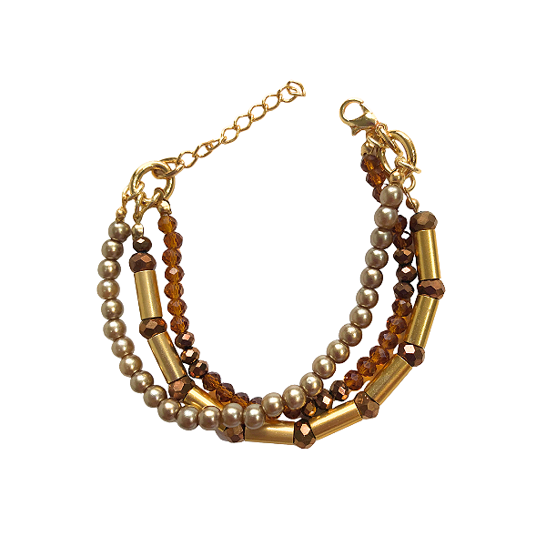 Pulseira de 3 Voltas de Cristais Caramelo e Cobre, Canutilhos Dourados e Pérolas 843P
