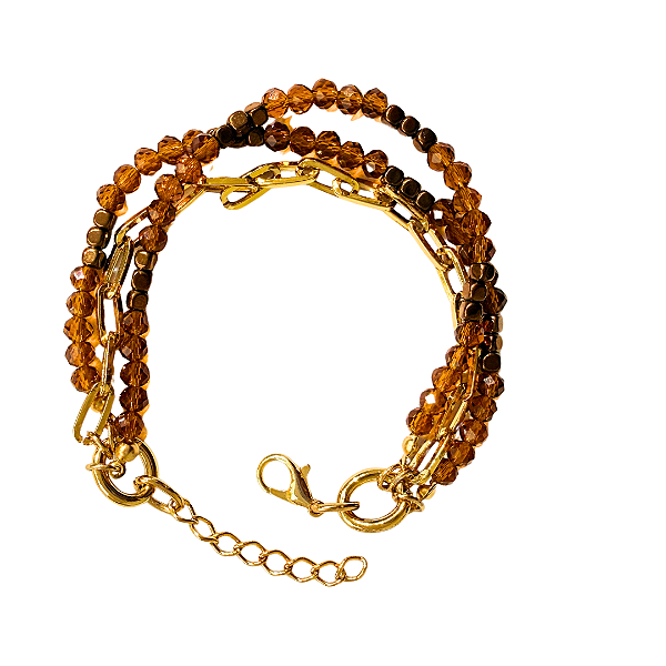Pulseira Dourada 3 voltas Hematita Marrom e cristais  851P