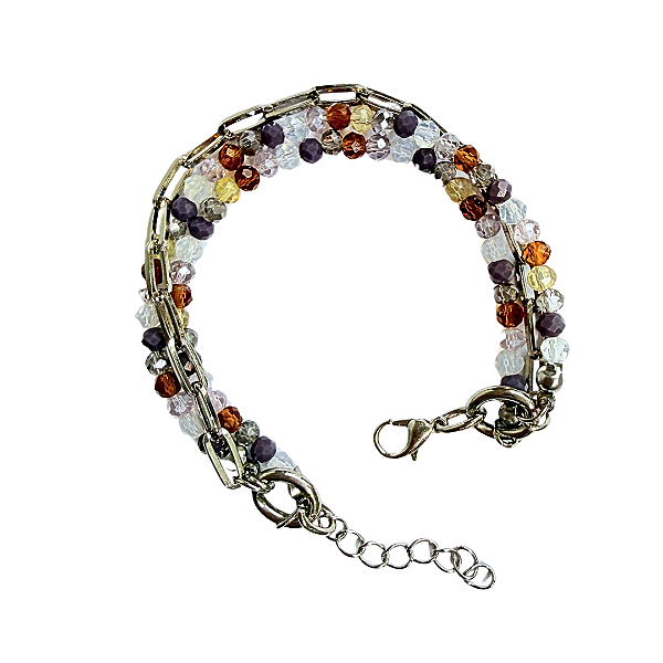 Pulseira 3 voltas de Cristais roxo, white opal, lilás, caramelo, cinza e amarelo candy 852P