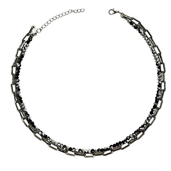 Colar Duplo Cristais Pretos com Prata CL836