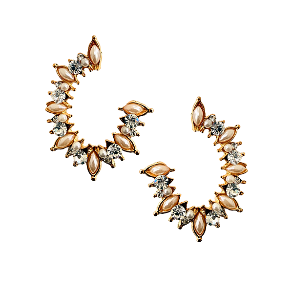 Brinco Médio Meia Argola com Strass Branco e Pérolas Elegante Feminino