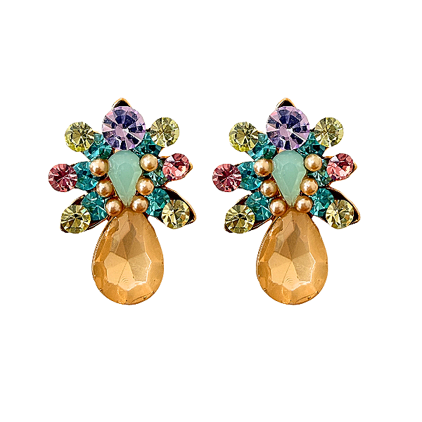 Brinco Pequeno Flor com Gota Colorido Candy em Strass Delicado Feminino