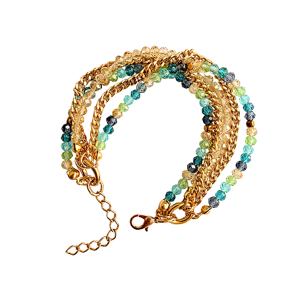 Pulseira Feminina 5 Voltas Colorida com Cristais e Corrente Elegante