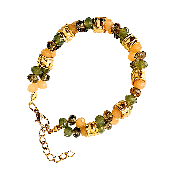 Pulseira de Cristal Verde Laranja Cinza e Dourado Feminina