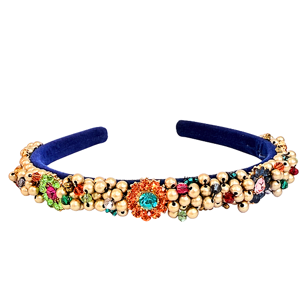 Tiara Feminina de Luxo Bordada Colorida com Flor Azul Marinho Fina