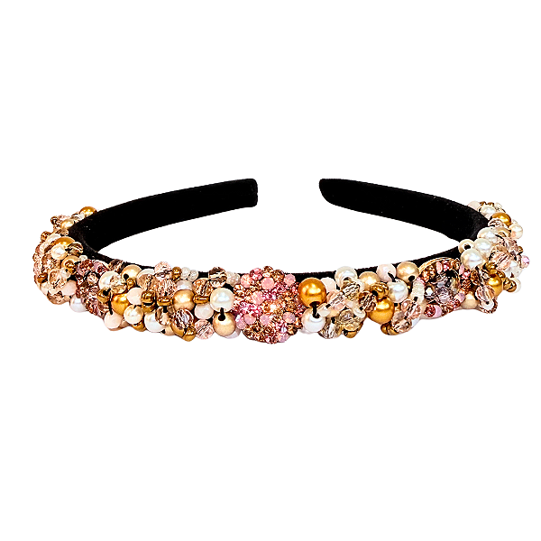 Tiara Fina de Luxo Bordada Veludo Preta Dourada com Pérolas, Rosa e Rosê Feminina