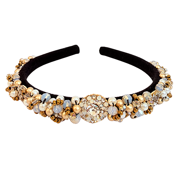 Tiara Fina de Luxo Bordada Veludo Preta Dourado Fosco com Pérolas e  White Opal Feminina