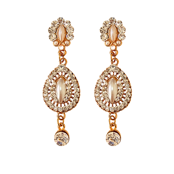 Brinco Grande Feminino de Pérolas com Cristais Branco Elegante