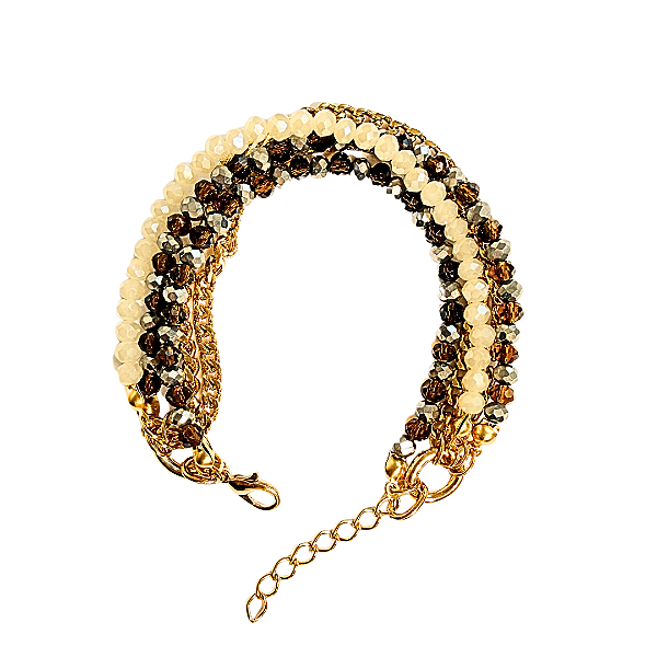 Pulseira Feminina 5 Voltas com Correntes e Cristais Marrom Hematite Bege
