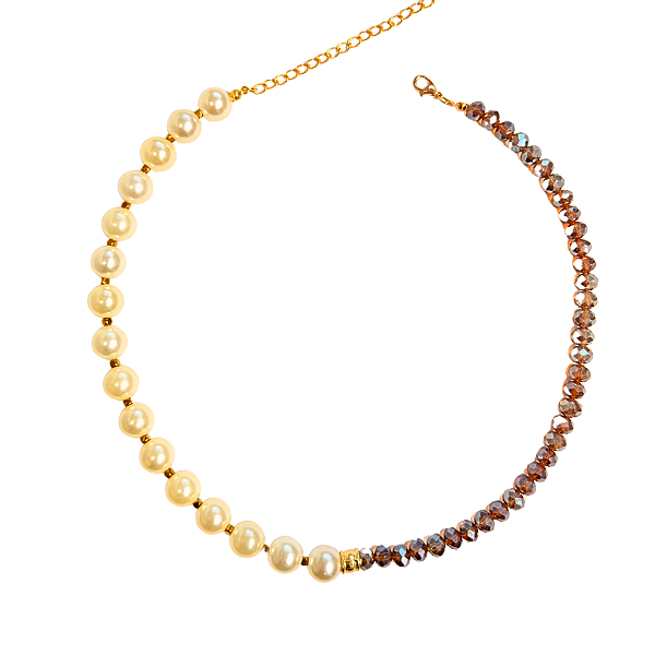 Colar Feminino Metade Pérolas e Metade Cristais Marrom com Hematita Dourada