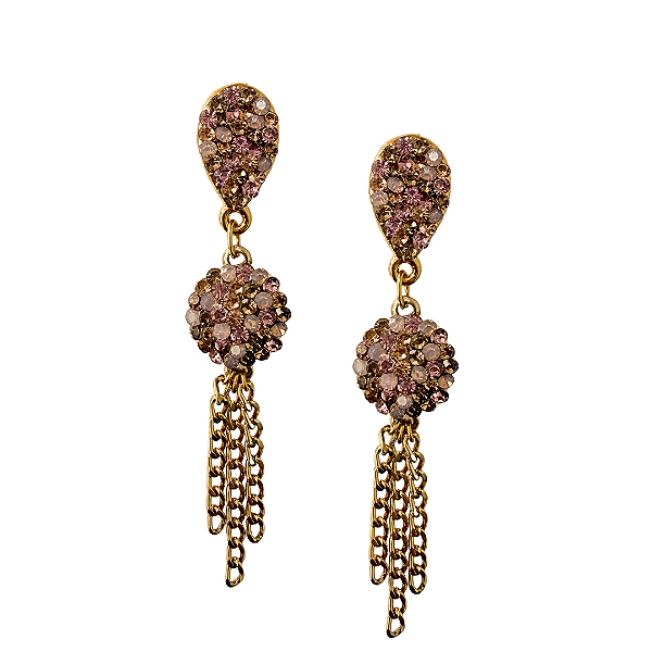 Brinco Grande Pendurado Feminino Tons Rosa com Strass e Corrente Dourada BG2187