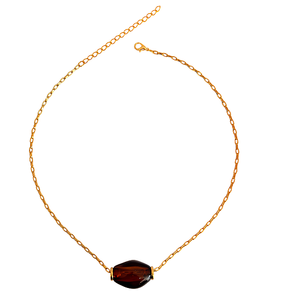 Colar Dourado Feminino com Pingente em Resina Marrom 2 em 1 CL852