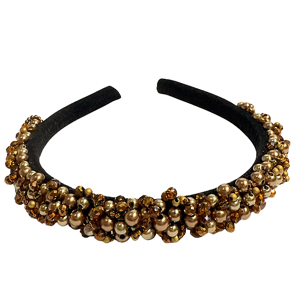 Tiara Feminina Fina de Luxo Bordada Com Pedrarias Marrom T470
