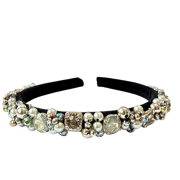 Tiara Bordada Pedrarias Feminina Elegante Cinza e Prata T469