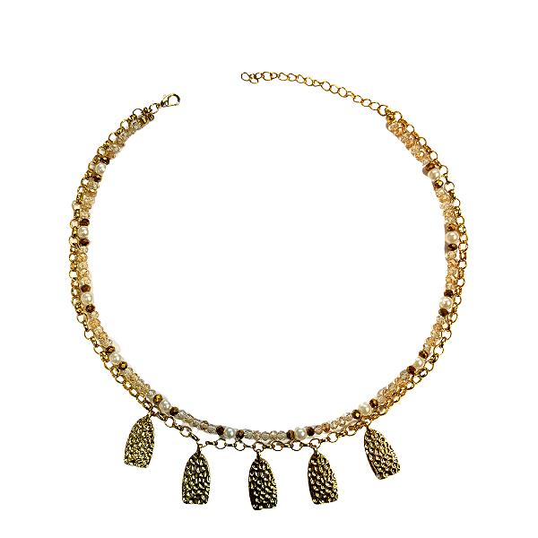Colar Duplo Feminino com Pingentes, Pérolas e Cristais Dourado CL855