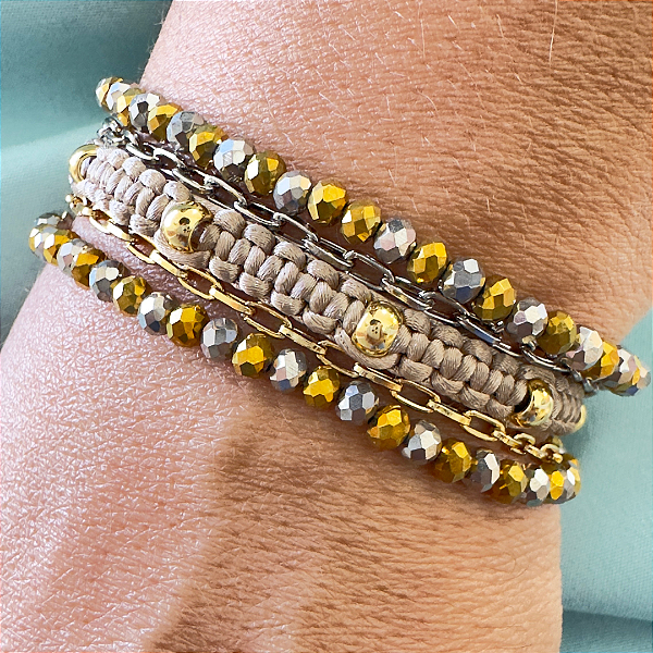 Pulseira Feminina 5 Voltas de Macramê com Cristais e Corrente 877P