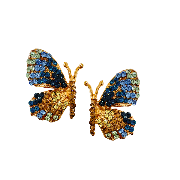 Brinco Grande Feminino de Borboleta com Strass verde claro, azul jeans, celeste, marinho, dourado e amarelo candy