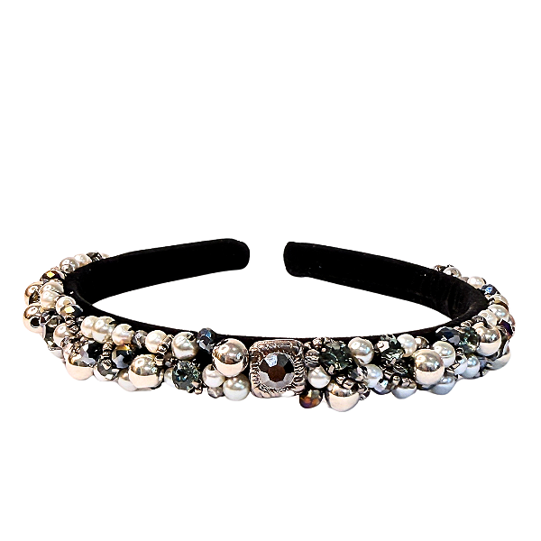 Tiara de Luxo Feminina Bordada com Pedrarias Prata com Branco T473