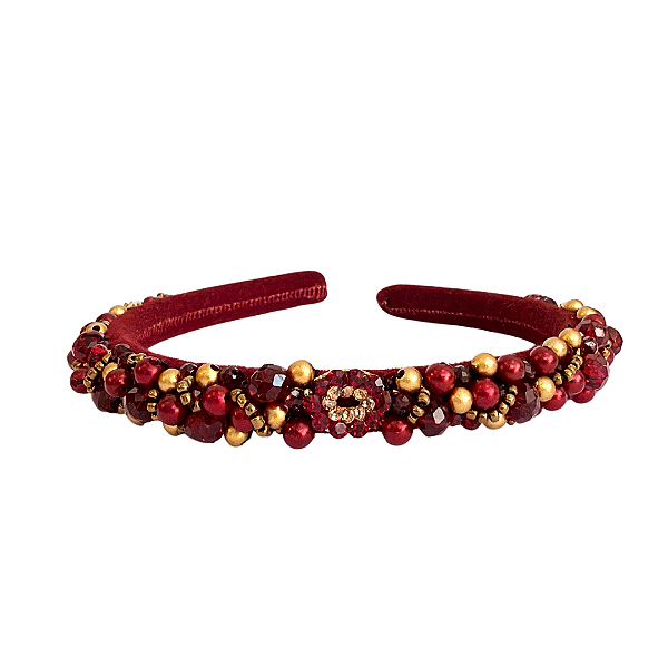 Tiara Bordada de Luxo Fina Com Pedrarias Vermelha e Dourado T474
