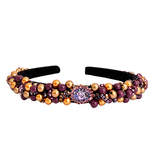 Tiara Bordada Feminina de Luxo Fina com Pedrarias Roxo e Dourado T475