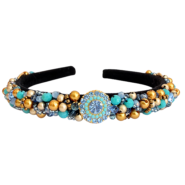 Tiara Bordada de Luxo Fina Feminina com Pedrarias Azul e Dourado T477