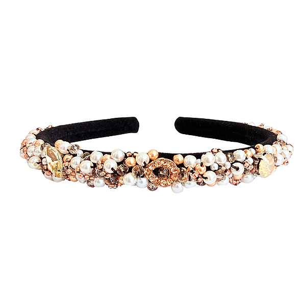 Tiara Bordada Feminina de Luxo Fina com Pedrarias Branco e Dourado T479