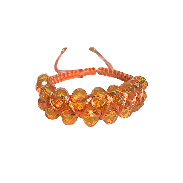 Pulseira Feminina Ajustavel de Cristais de Vidro Pêssego e Macramê 880P