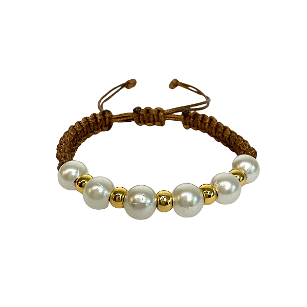 Pulseira Feminina Ajustavel com Pérolas branca e Macramê Marrom 881P