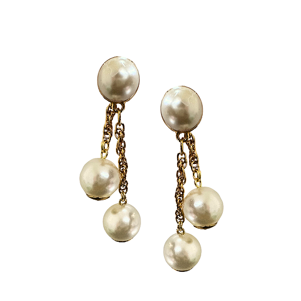 Brinco Médio Pendurado 2 em 1 Pérola com Correntes Dourado Feminino BM2200