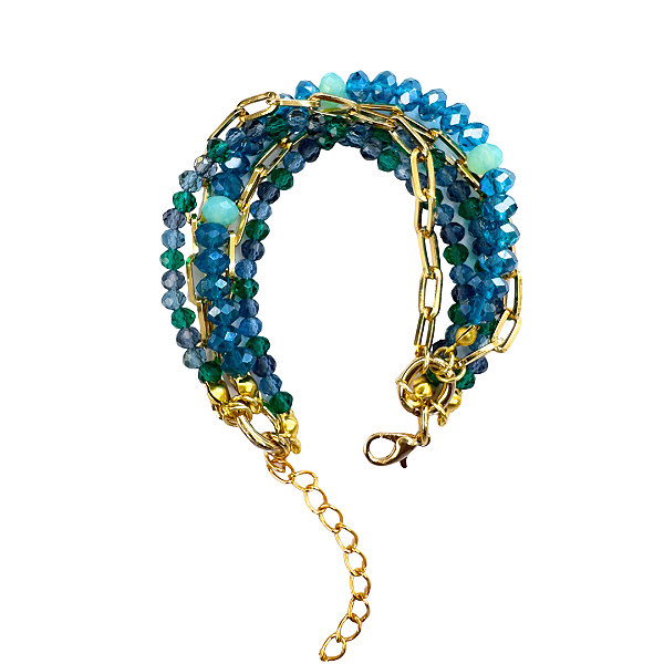 Pulseira 5 Voltas com Cristais Verde e Tons de Azul E Corrente Dourada  883P