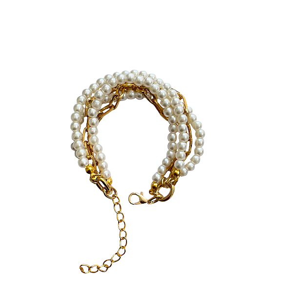Pulseira 5 Voltas de Pérola Branca com Corrente Dourada Feminina 889P