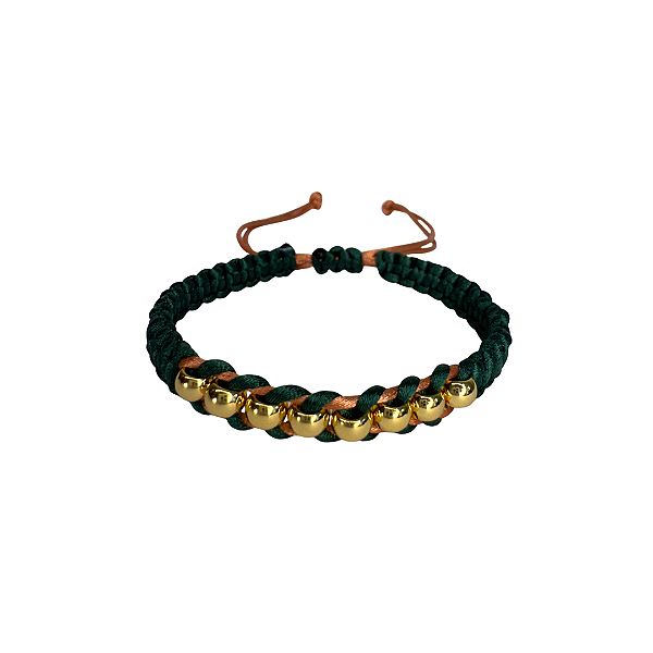 Pulseira de Macramê Ajustável Verde e Rose Gold com Entremeios Dourados 892P