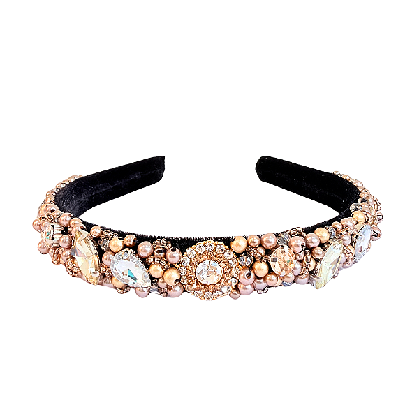 Tiara Bordada de Luxo Média Preta com Pedrarias Rose, Prata e Dourado