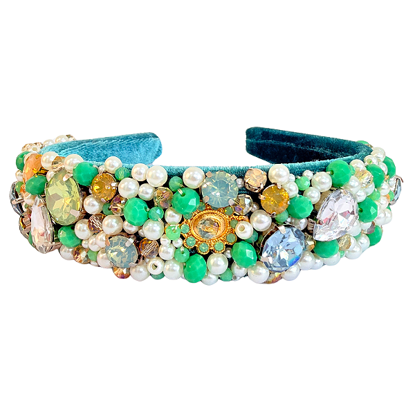 Tiara Bordada de Luxo Feminina Larga Verde com Pedrarias Brancas e Verde T482