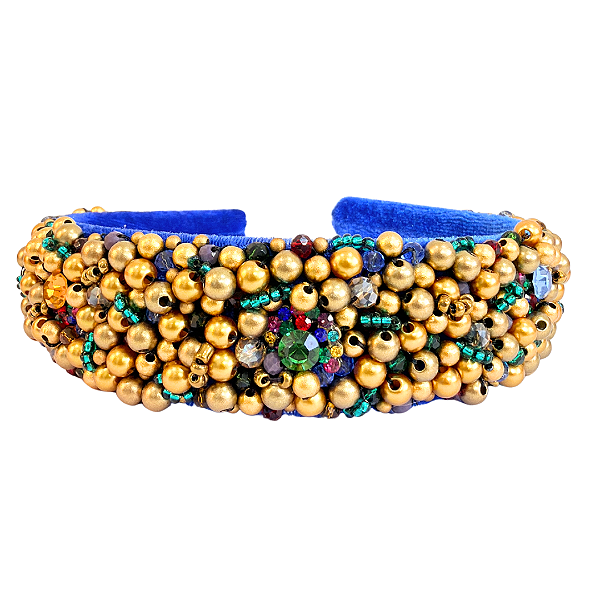 Tiara Bordada de Luxo Larga Azul e Dourada com Pedrarias Coloridas