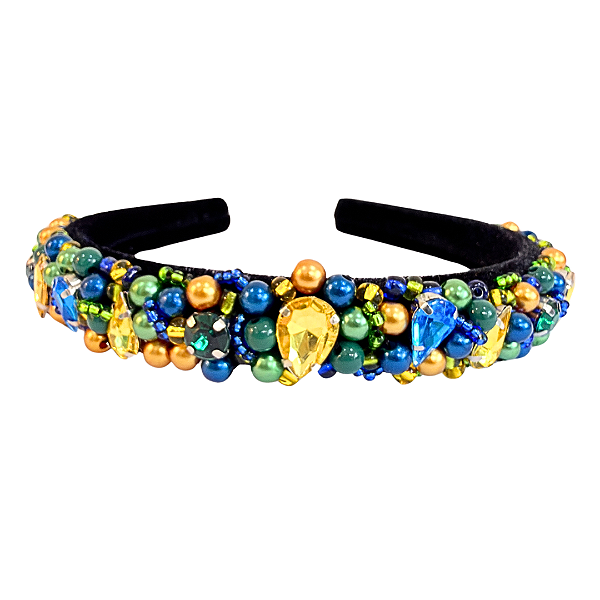 Tiara Bordada de Luxo Média Brasil com Pedrarias Verde, Amarelo e Azul T484