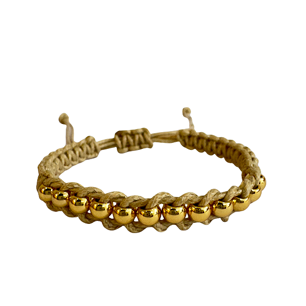 Pulseira Ajustável de Macramê Bege com Entremeios Dourados 901P