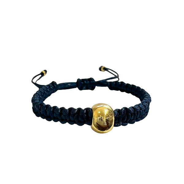 Pulseira Ajustavel de Macramê Azul Marinho com Esfera Orgânica Dourada 907P
