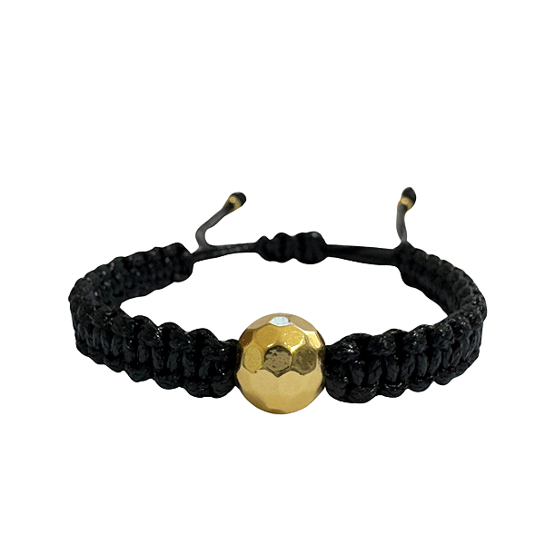Pulseira Ajustável de Macramê Preta com Esfera Orgânica Dourada 909P