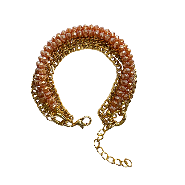 Pulseira 5 Voltas com Cristais Rosé Perolado e Corrente Dourada 914P